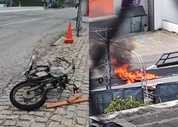 Moto pega fogo e motociclista fica ferido em acidente na Salgado Filho, em Natal